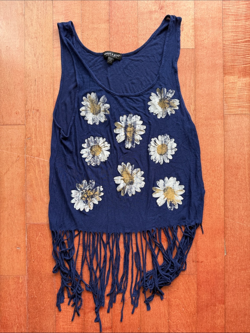 About A Girl Navy Daisy Fringe Tank Top